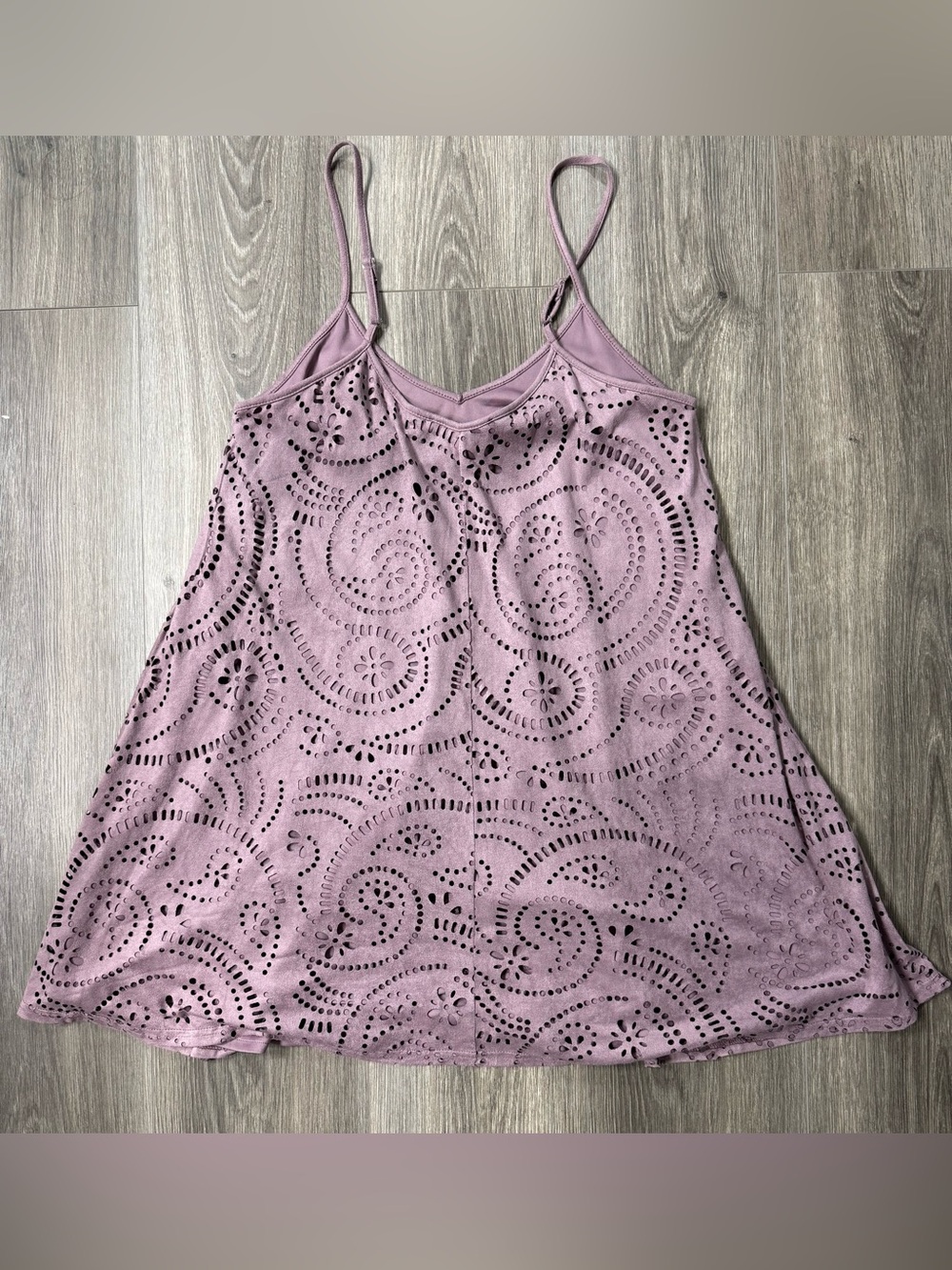 Living Doll LA Laser Cut Swing Mini Dress Purple Boho Festival Faux Suede L - Picture 4 of 6